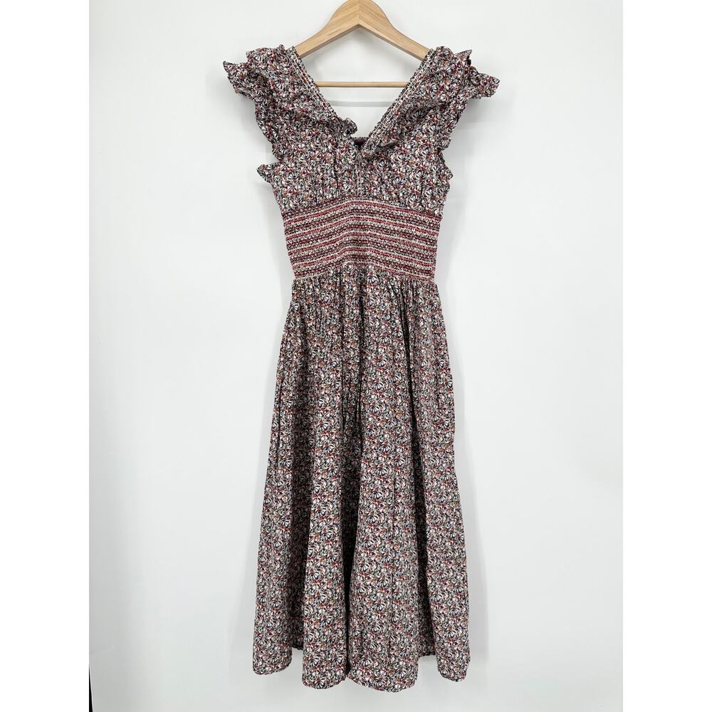 Anthropologie OPT Scilla Midi Dress Floral Ruffle V-Neck Smocked, Purple/ Red - Picture 4 of 11